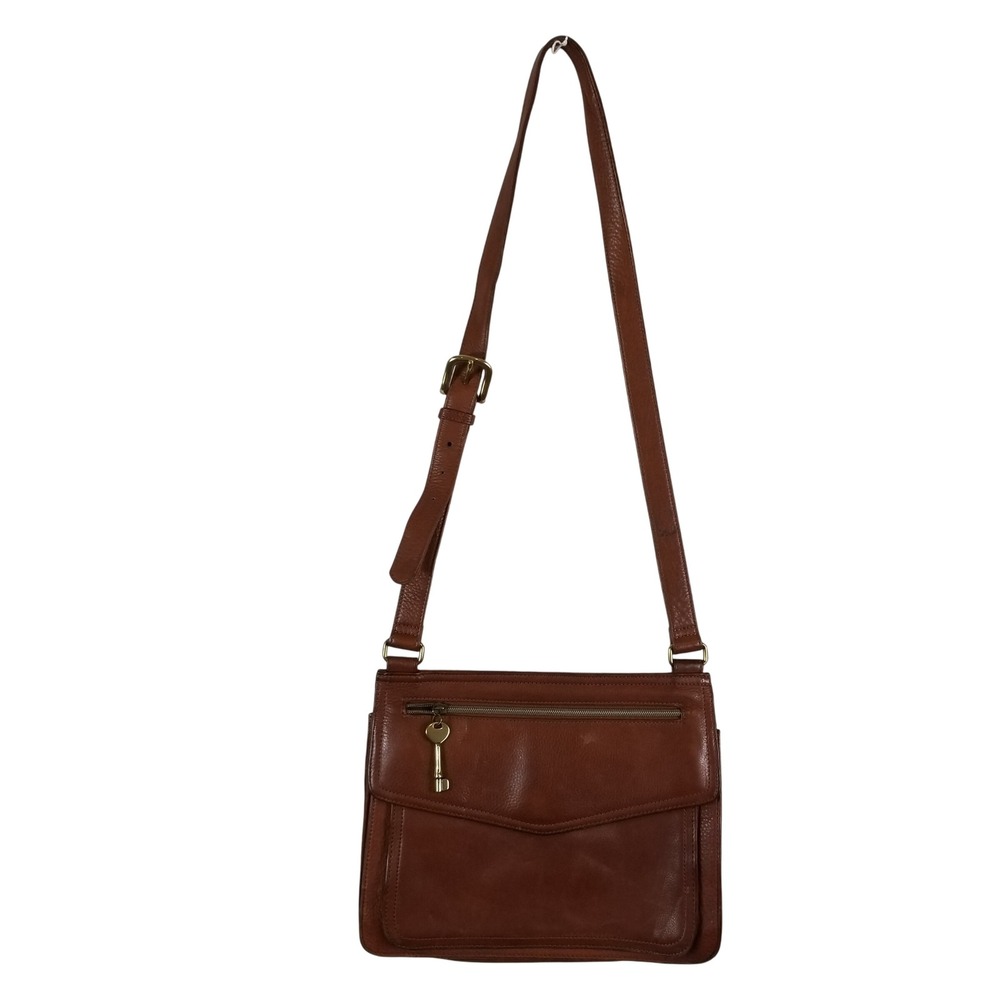 Fossil Cognac Brown Leather Crossbody‎ Bag Organizer Key Charm  Vintage Style